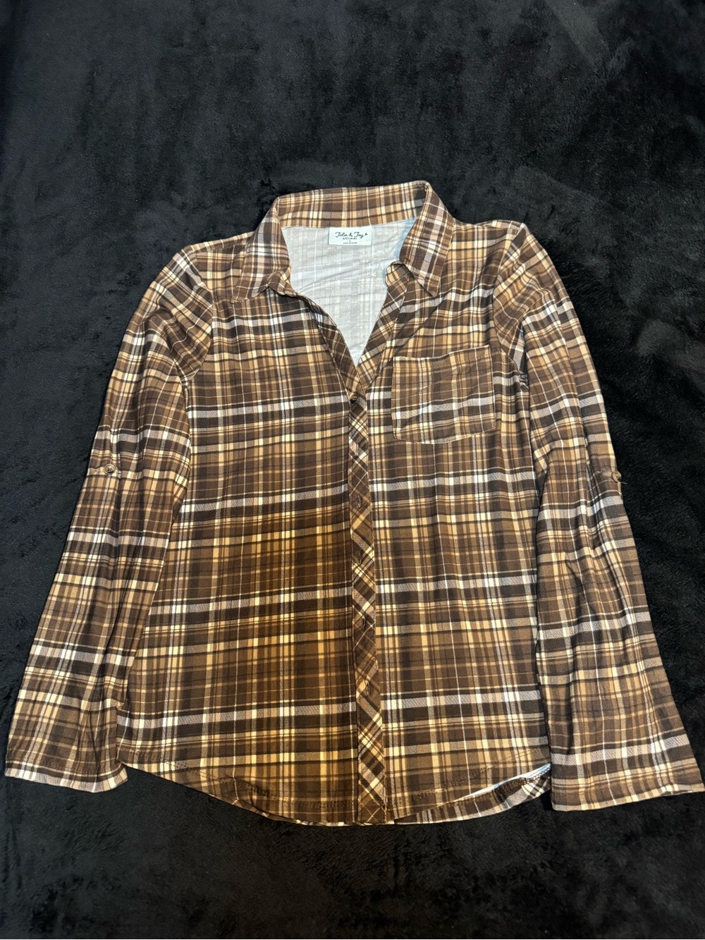 Women’s Brown Plaid Button-Down Shirt with Chest Pocket